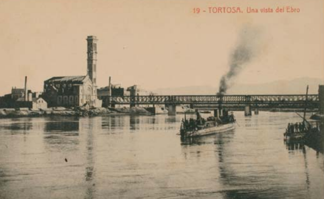 Totosa , vista del puente del ferrocarril sobre el Ebro, postal comercial, fondo APG